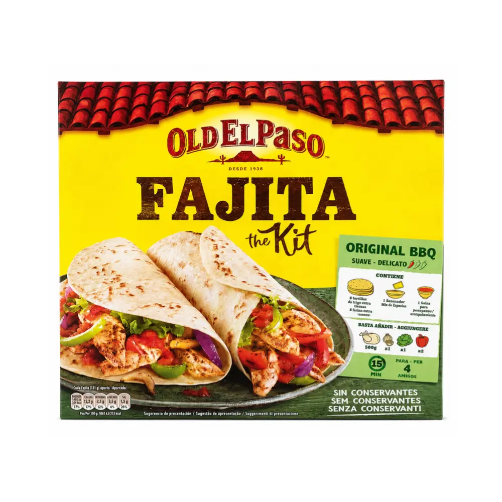 Bộ Sản Phẩm Làm Fajita Vị BBQ, Fajita the Kit, Original BBQ, 8 Tortillas (500g) - OLD EL PASO